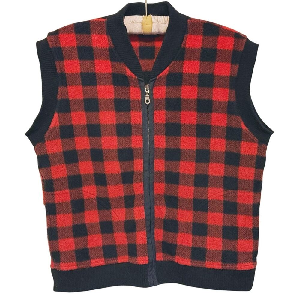 Vintage 90s Mens Buffalo Plaid Full Zip Sweater Vest Size Large Red Lumberjack